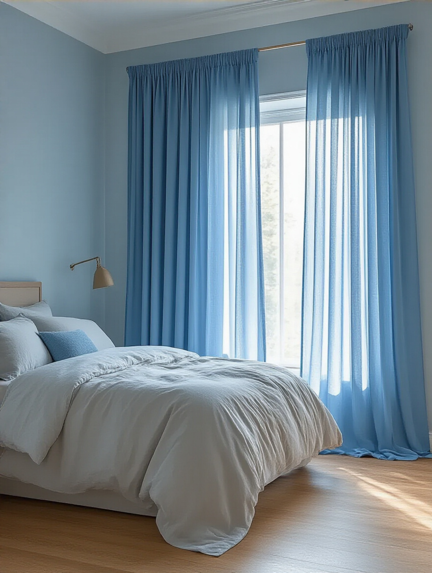 Blue bedroom window treatments controlling light and privacy