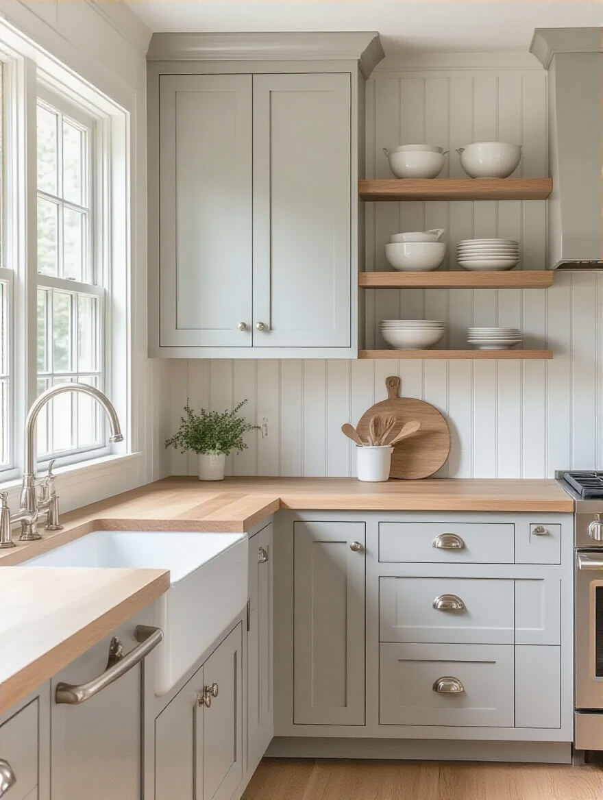 A beautifully designed cottage kitchen showcasing elegant light grey Shaker cabinets and subtle white Beadboard accents, featuring light oak countertops and polished nickel hardware, bathed in soft natural light.
