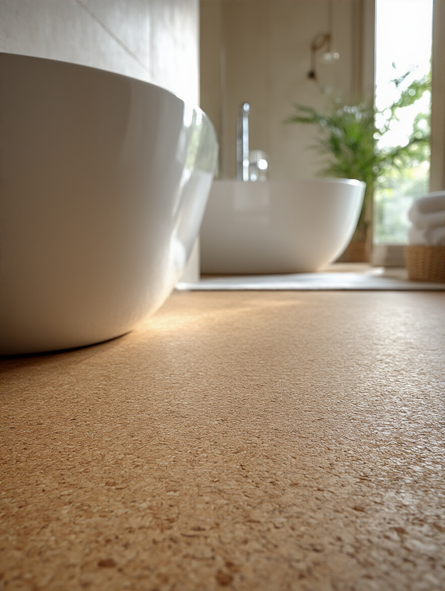 Elegant cork flooring in a naturally lit bathroom, highlighting its warm tones, intricate texture, and the promise of sound-dampening comfort.