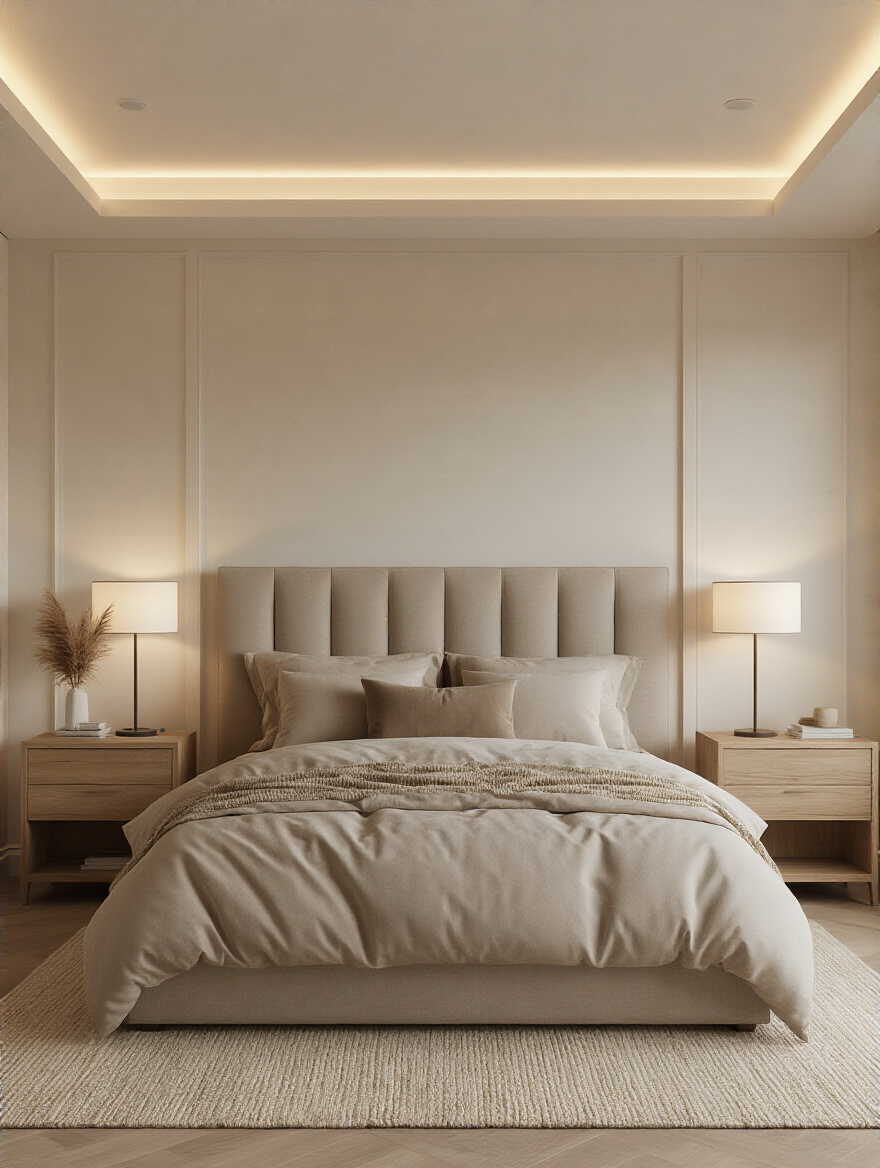 Vertical portrait of a modern bedroom with layered dimmable lighting for mood control