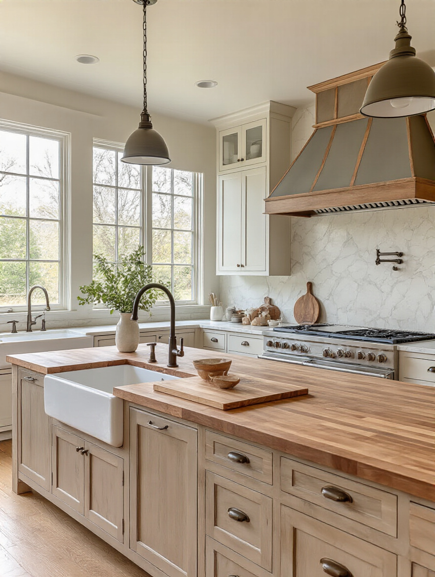 Portrait of a farmhouse kitchen with a warm butcher block countertop on an island