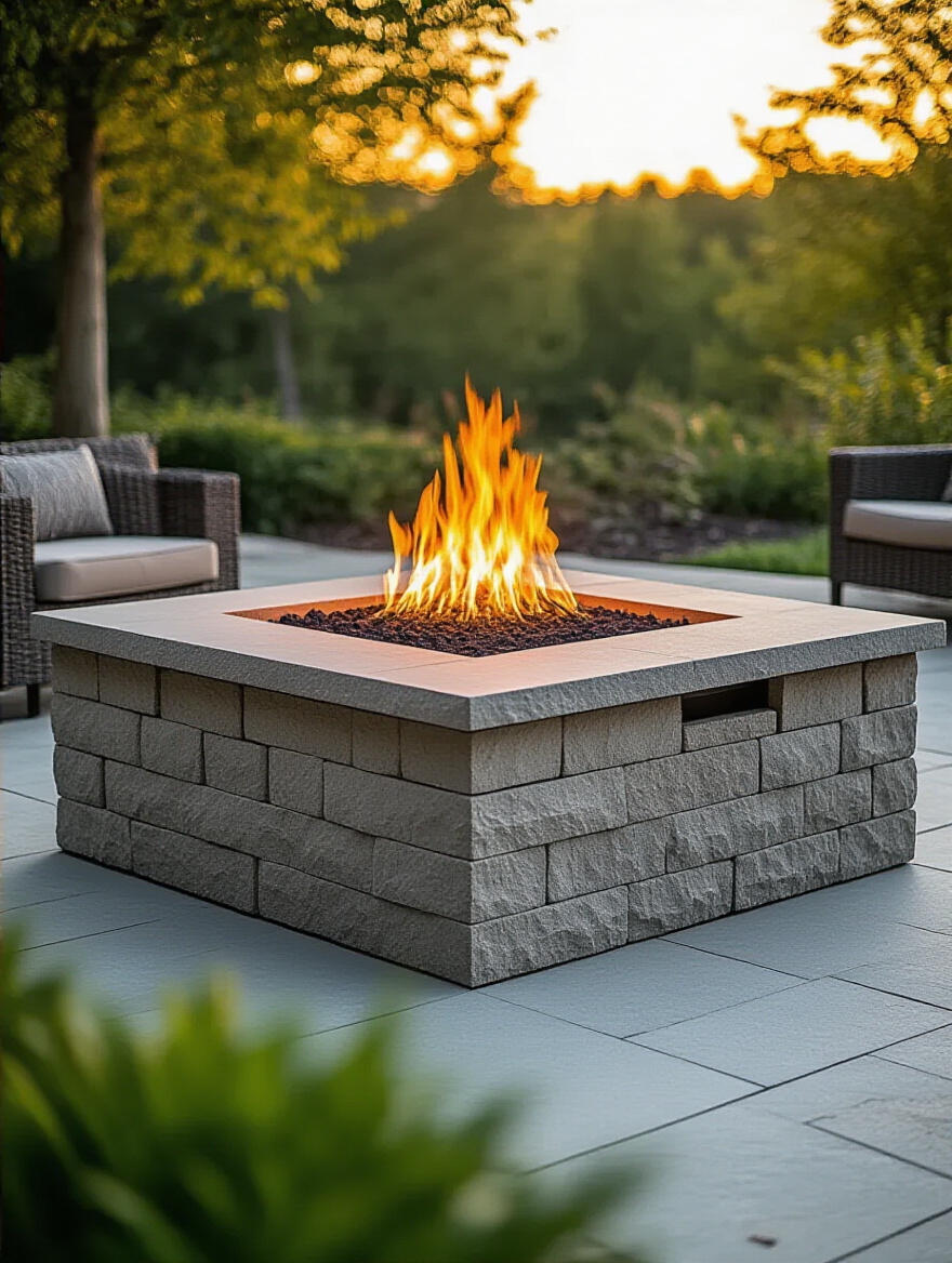 Built-in firepit featuring large textured concrete blocks and natural stone caps, emphasizing durable materials and stylish longevity.