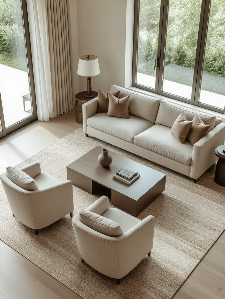 A perfectly scaled modern living room with a neutral sofa, armchairs, and coffee table on a large rug, showing ideal furniture scale.