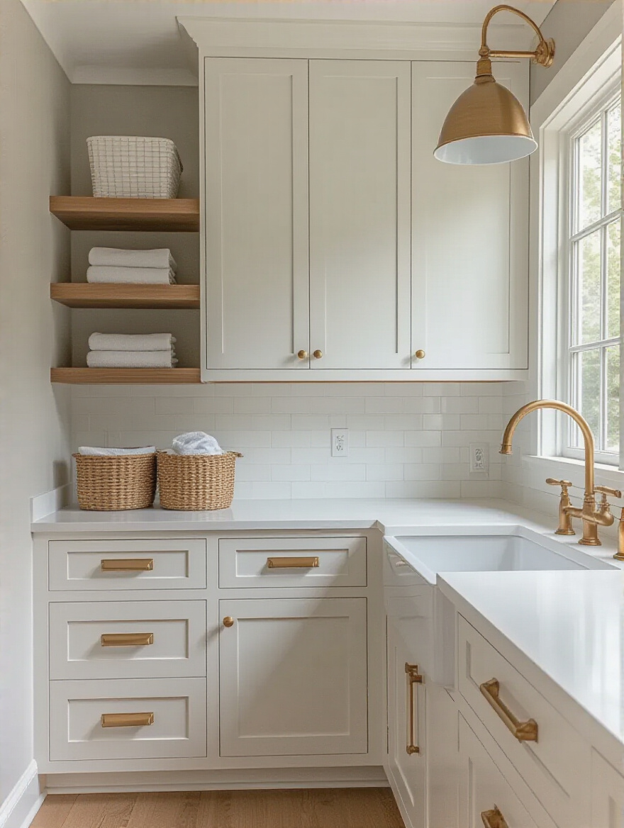 Cohesive laundry room with hardware echoing color palette