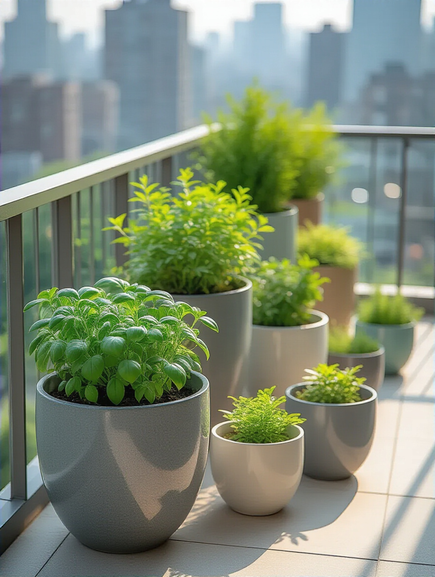 A vibrant balcony scene featuring modern lightweight resin planters filled with lush green foliage and flowers, set against an urban backdrop, illustrating durable and safe potting choices.