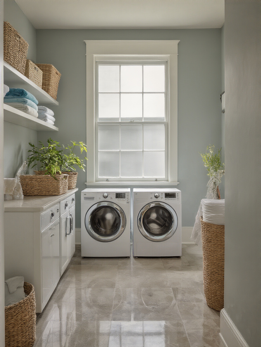 Laundry room wall with moisture-resistant semi-gloss or satin finish