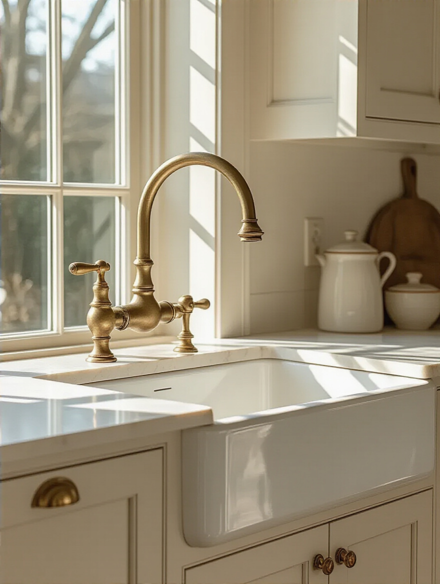 Antique-brass bridge faucet centerpiece in a farmhouse kitchen