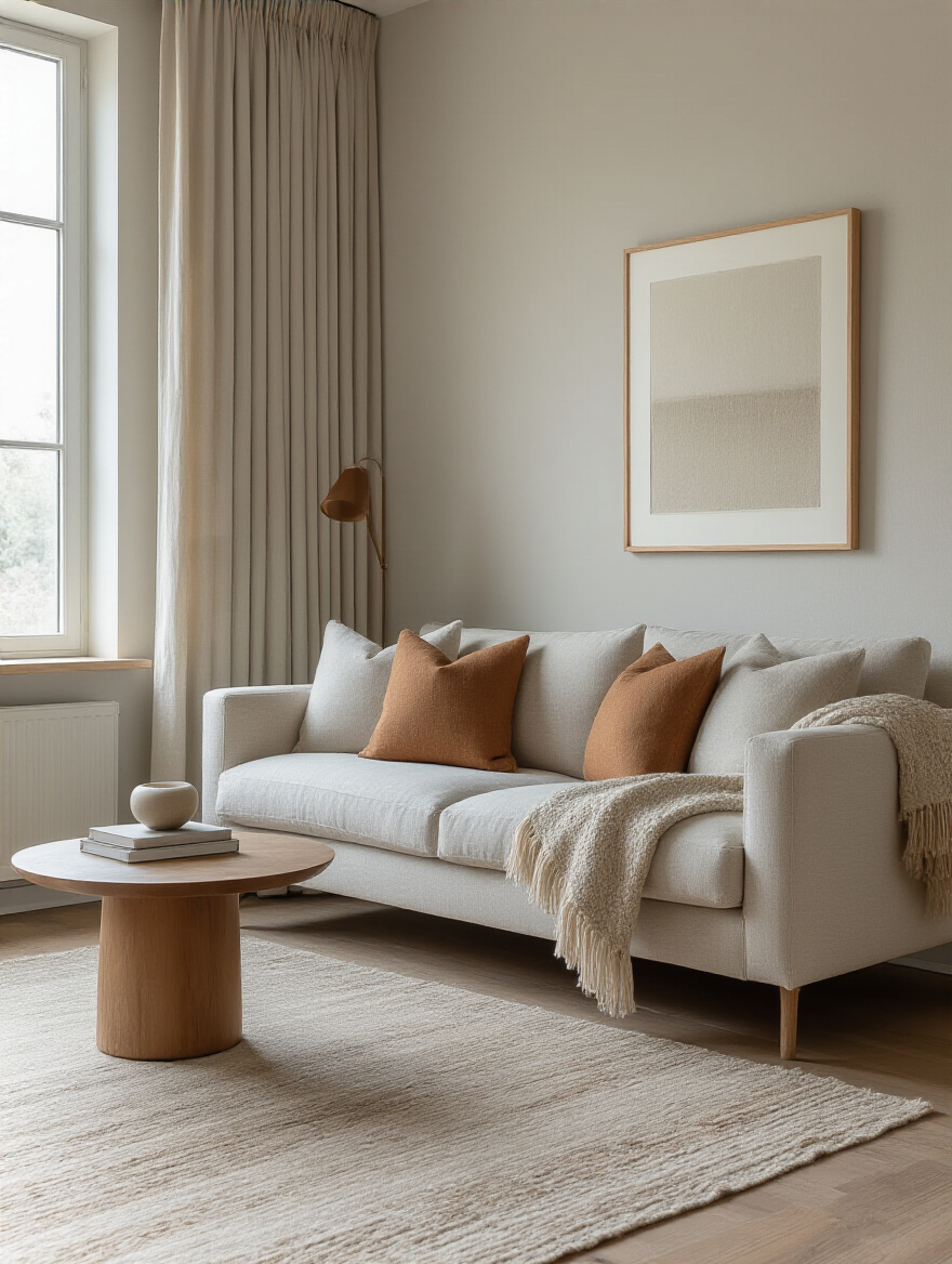 Portrait shot of a living room with walls and textiles in a cohesive color palette