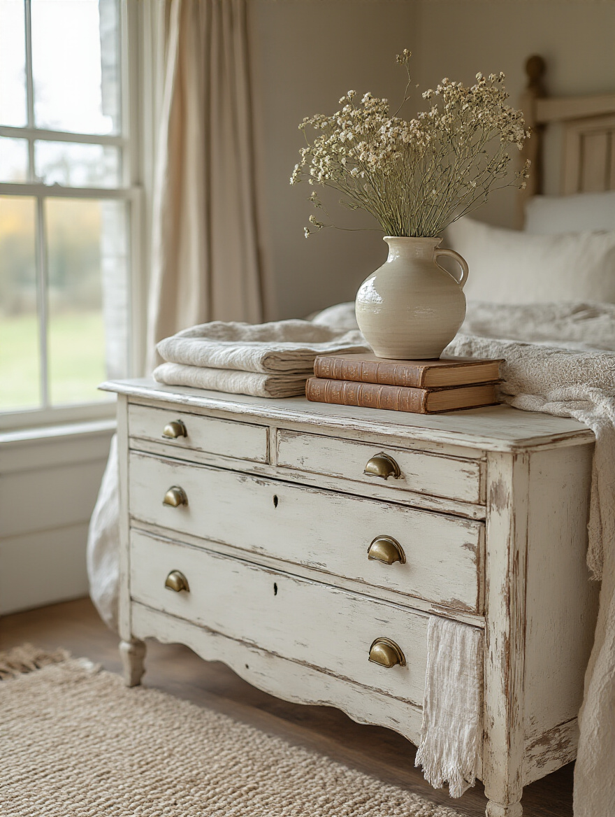 A rustic distressed white farmhouse dresser with antique bronze pulls, featuring neatly organized drawers and a vase of dried flowers on its top surface, situated in a cozy farmhouse bedroom.