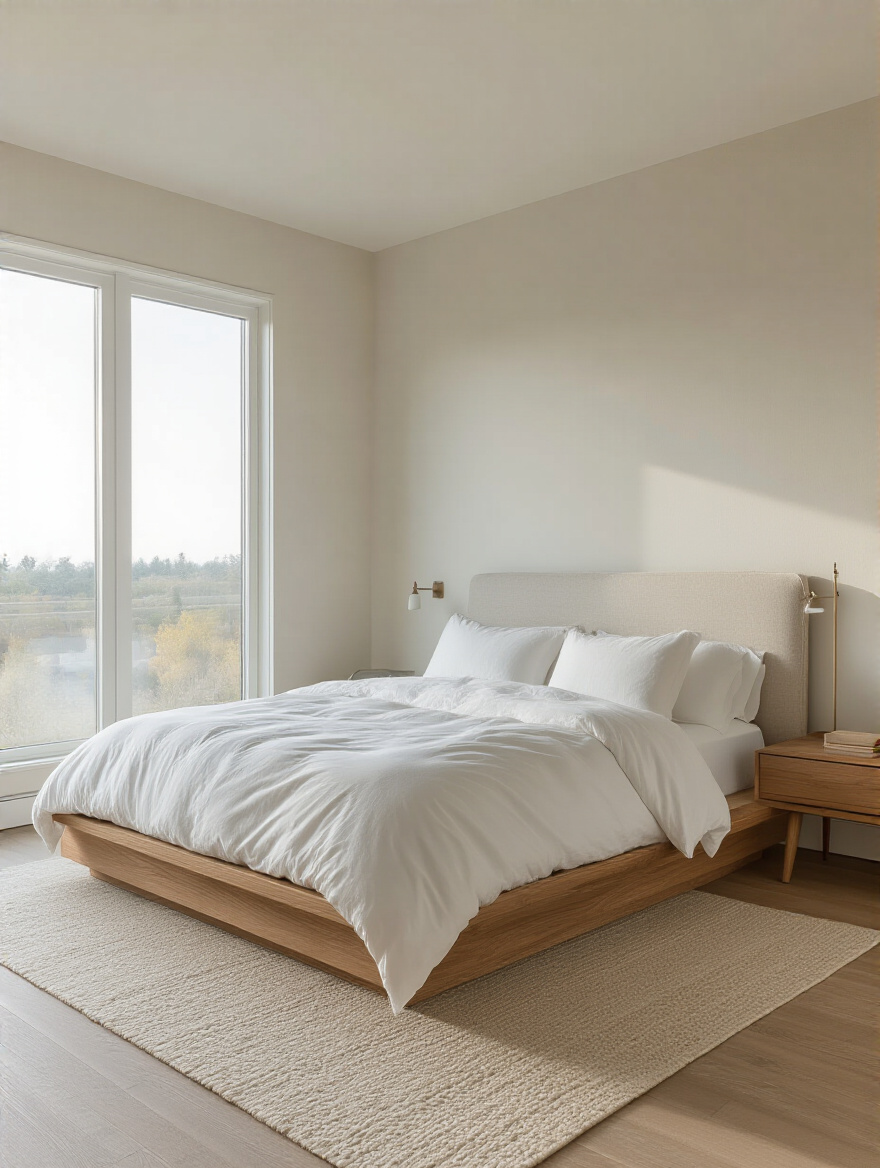 Bedroom with a low-profile platform bed in a serene modern retreat