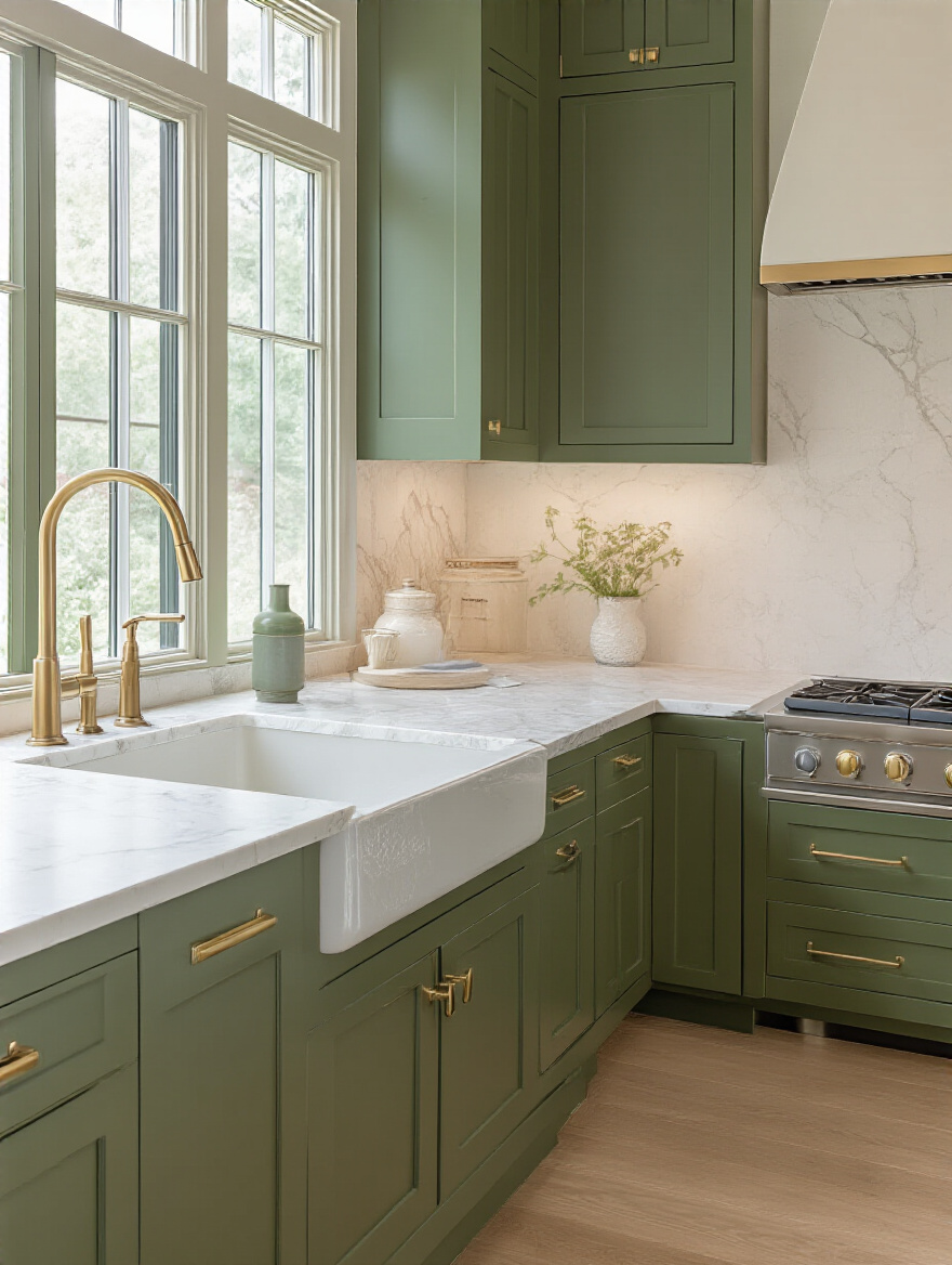 Portrait view of a green kitchen with complementary countertops under natural light