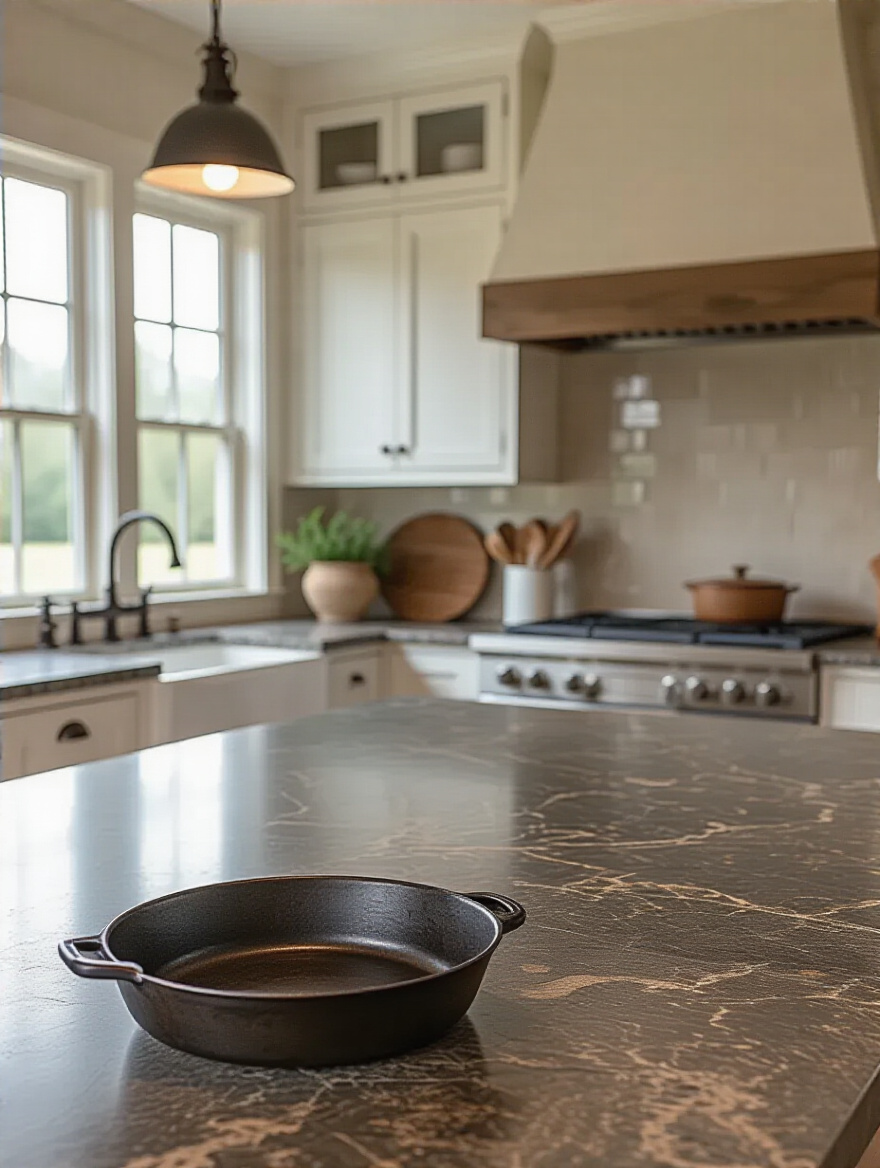 Honed granite countertop on a farmhouse kitchen island, illustrating durable materials and authentic appeal.