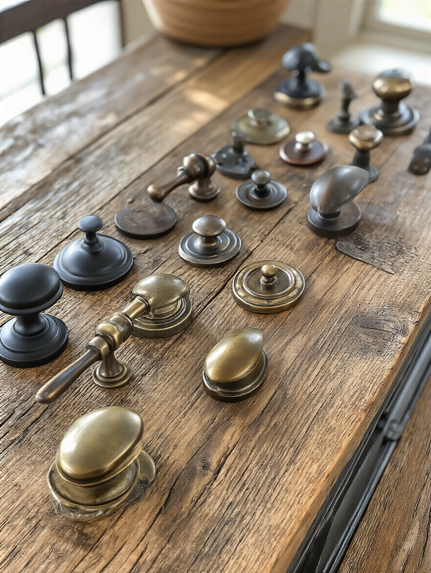 A rustic farmhouse kitchen island surface with an array of hardware finish samples including matte black, oil-rubbed bronze, brushed antique brass, and distressed pewter knobs and pulls, displayed for selection.