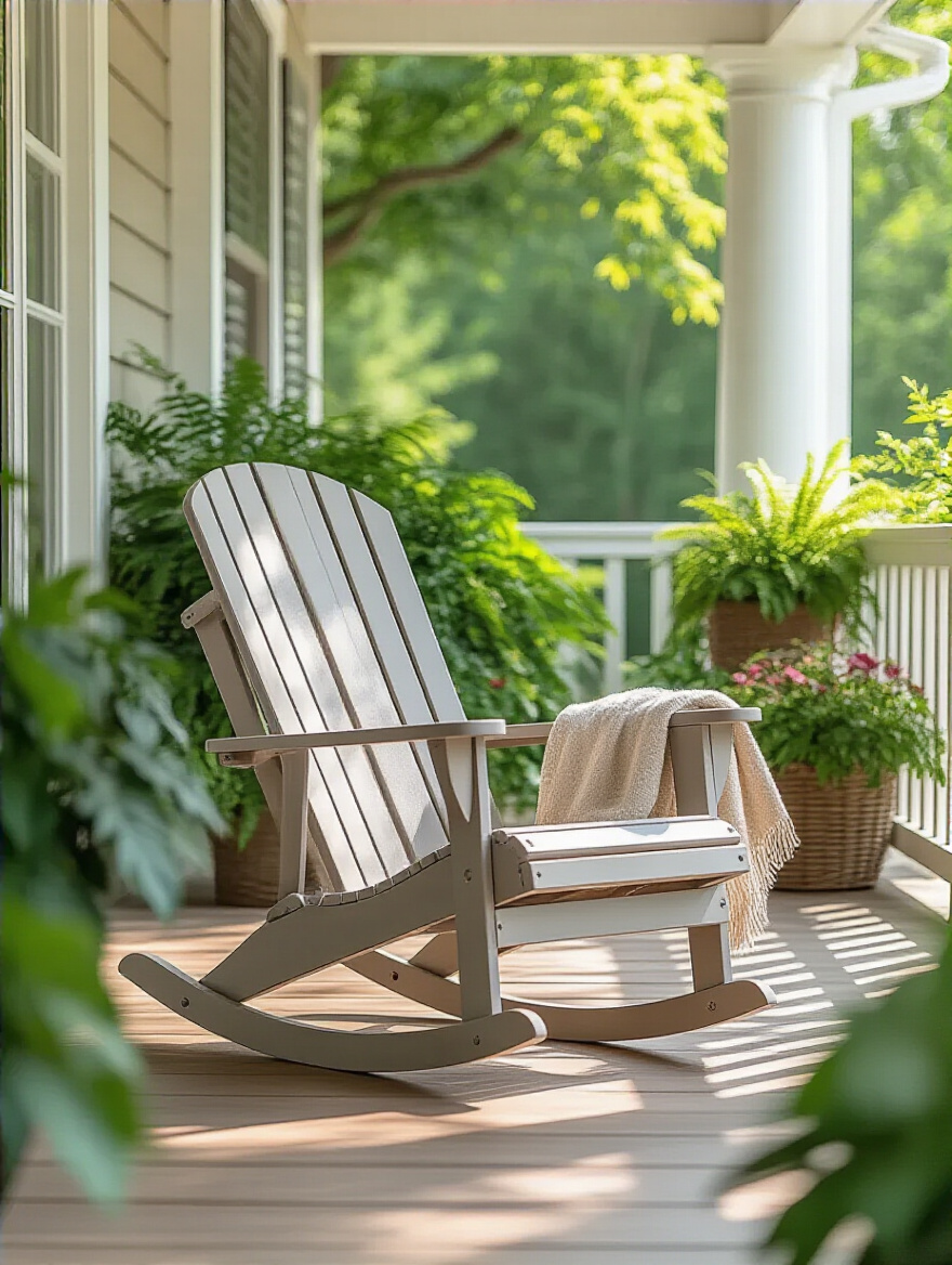 Elegant marine-grade polymer Adirondack rocking chair on a sunlit porch, symbolizing an investment in durable, long-lasting outdoor furniture.