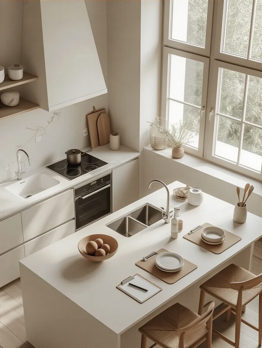 Modern, organized kitchen interior with sleek countertops and warm, diffused natural lighting, symbolizing a well-planned and flexible kitchen remodel budget.