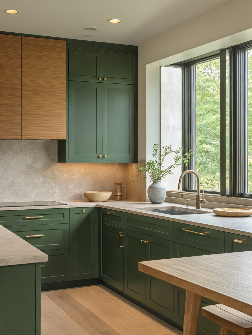Portrait of a modern green kitchen cabinet setup with sustainable finishes