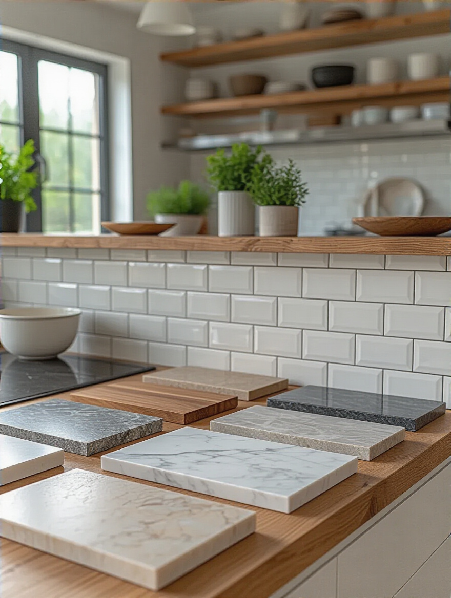 Assortment of kitchen backsplash materials including marble, subway tiles, glass, and wood samples laid out on a kitchen counter, representing material choices and budget planning for a kitchen renovation.