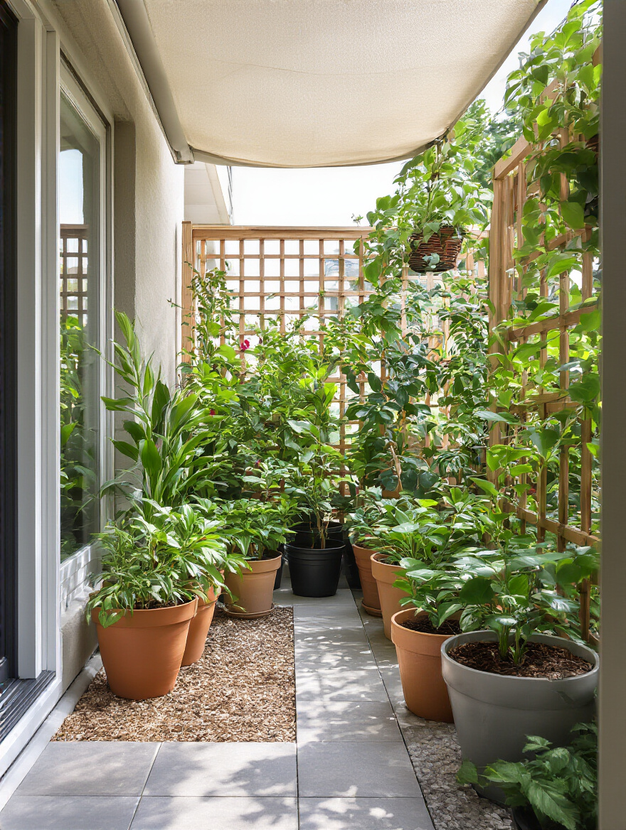 Balcony garden with shade cloth, windbreak, and mulched pots, demonstrating plant protection from extreme weather.