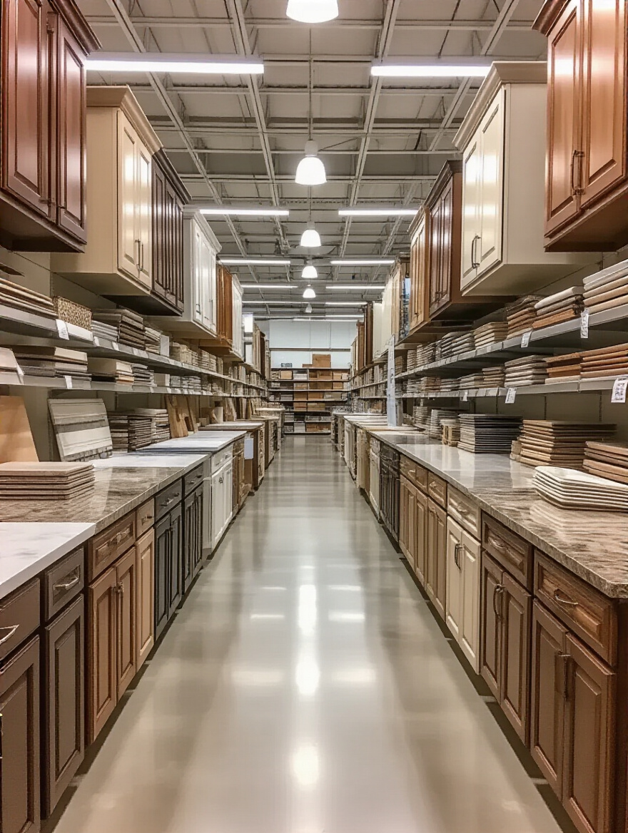 Various kitchen materials on display in a retail showroom, including cabinets, countertops, and tiles, suggesting a clearance or end-of-season sale. Image evokes smart shopping for kitchen remodel savings.