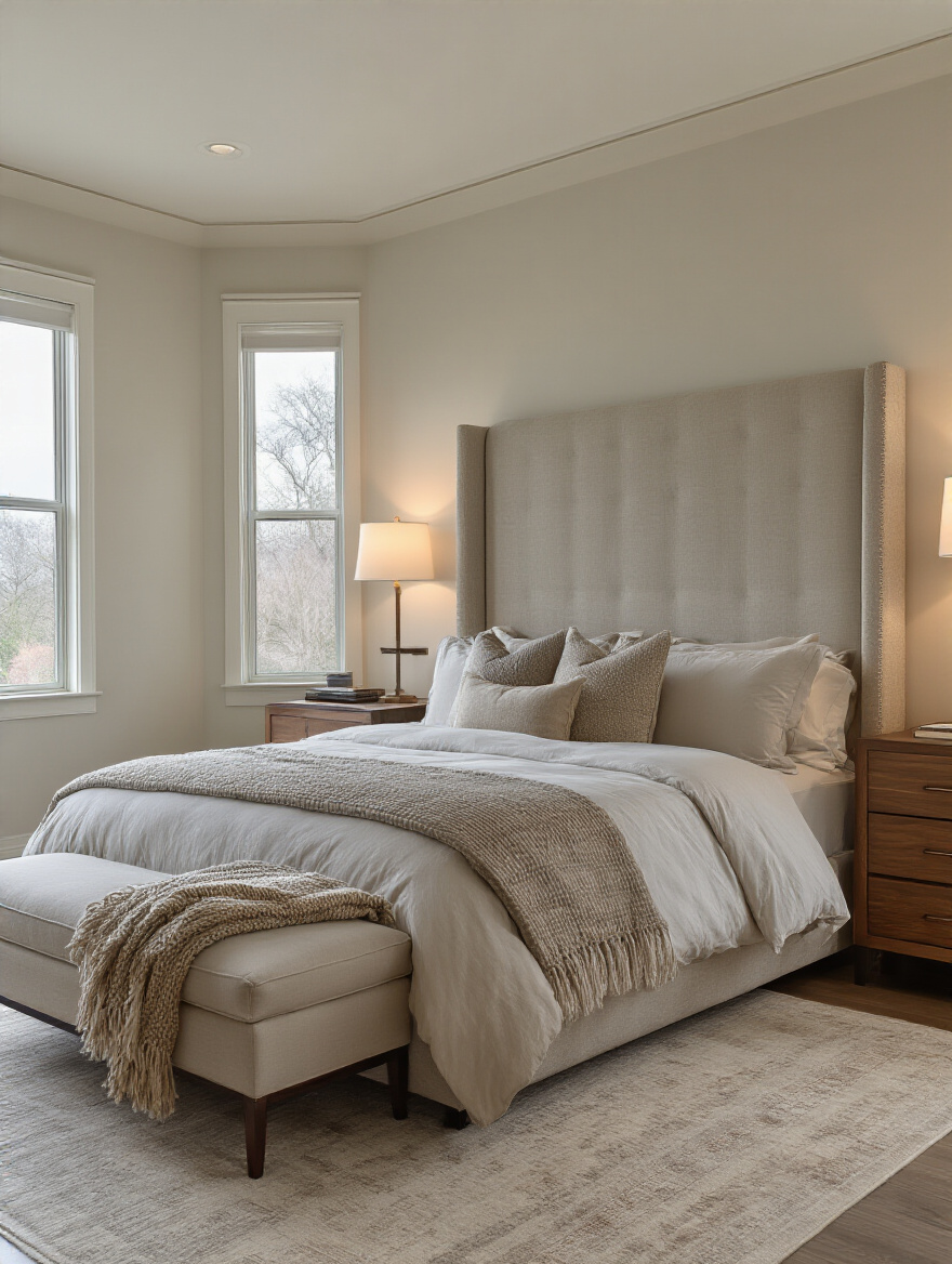Portrait of a luxurious bedroom with a tall upholstered headboard, layered textiles, and warm lighting; no people.