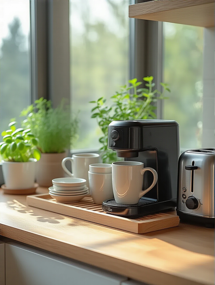 Well-arranged small kitchen appliances and decor on a countertop, showing smart kitchen organization with a coffee maker, toaster, and plant on a tray.