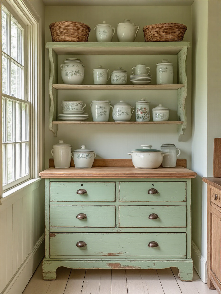 A charming cottage kitchen featuring a soft sage green antique repurposed dresser used for storage, surrounded by vintage decor and warm natural light.
