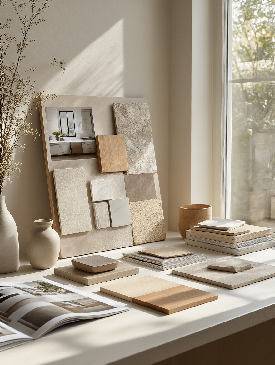 A detailed physical mood board on a clean desk showcasing various kitchen design styles, material swatches, and color palettes, with open design magazines nearby.