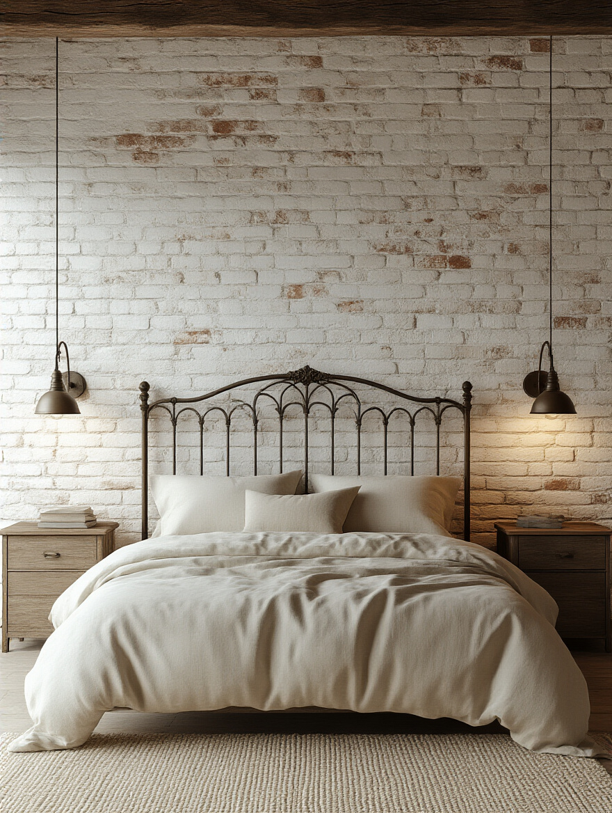 Rustic bedroom with whitewashed reclaimed brick accent wall behind a vintage iron bed, illuminated by sconces, soft linen bedding, professional interior design photograph.