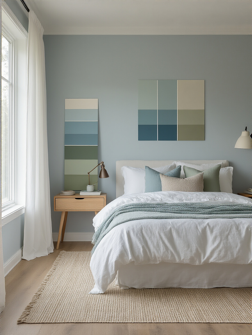 Portrait of a tranquil bedroom corner showcasing a calming color palette