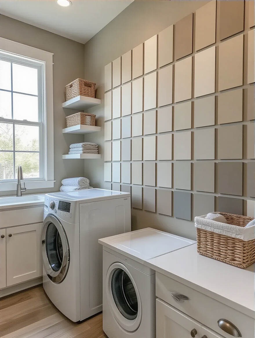 Laundry room wall with paint swatches testing color options