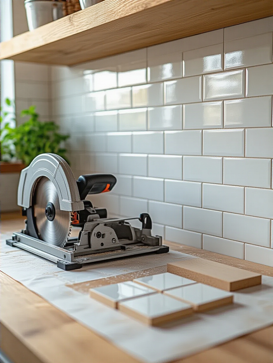 Close-up of precise tile cutting tools and meticulously dry-laid white subway tiles for a kitchen backsplash, emphasizing accurate measurements and professional installation techniques.