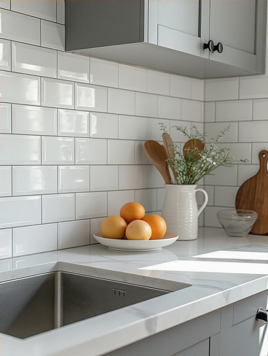 Modern kitchen featuring white quartz countertops with grey veining paired perfectly with matte white subway tiles and grey grout, illustrating cohesive backsplash and countertop design.