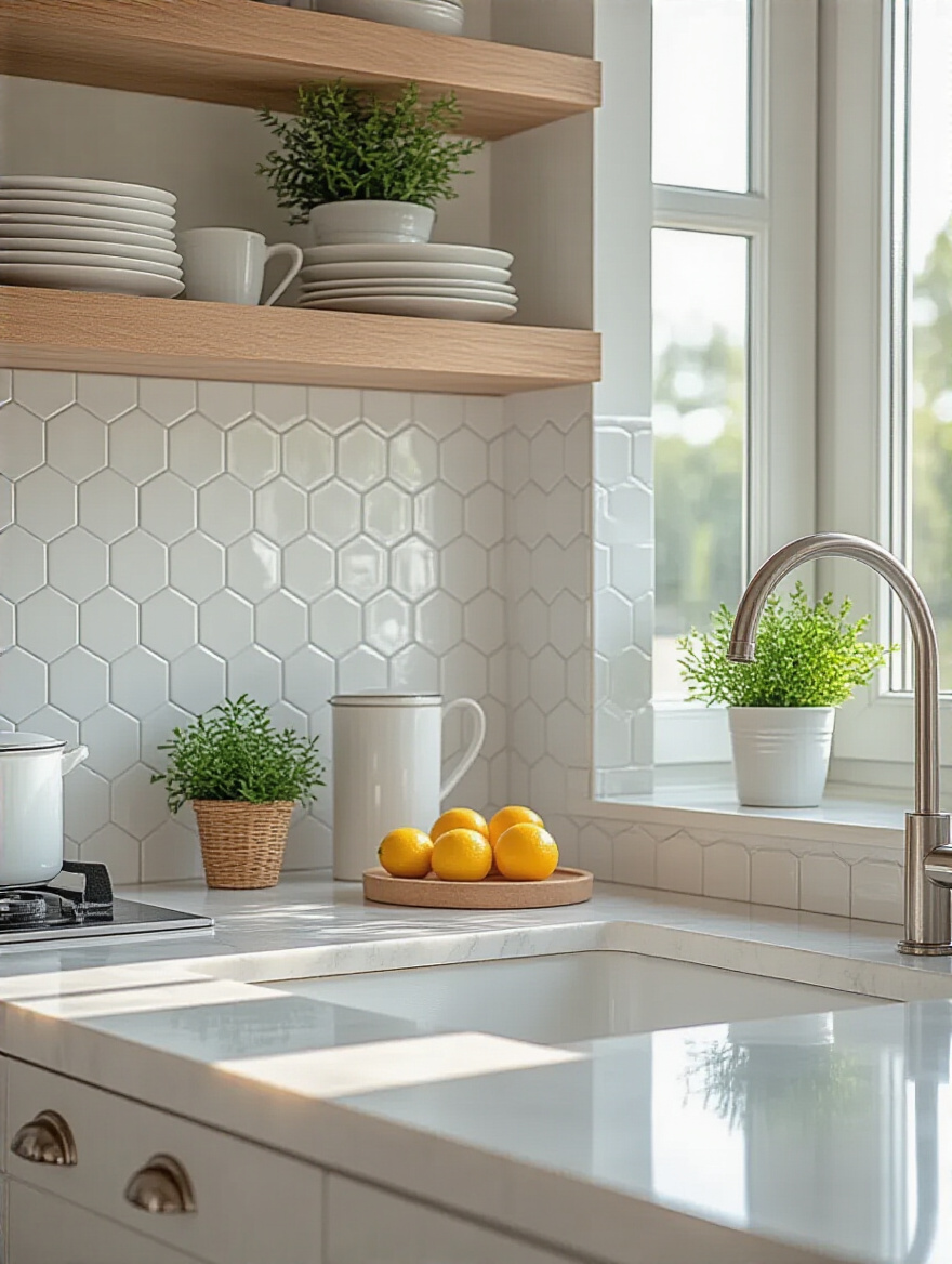 A pristine, sparkling kitchen backsplash made of white marble hexagonal tiles, demonstrating the results of a regular cleaning routine for longevity and brilliance, gleaming under natural light in a clean, elegant kitchen.