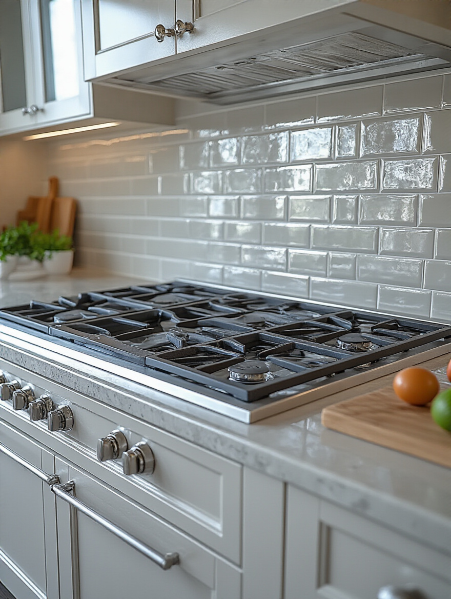 Close-up of a glossy, durable glazed ceramic kitchen backsplash with water droplets beading on its surface, illustrating excellent water resistance.