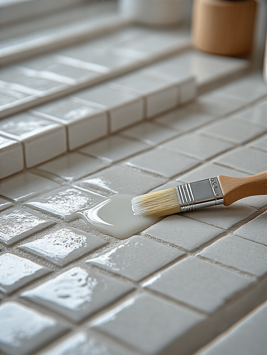 Close-up of clear grout sealer being carefully applied with an applicator brush to light gray grout lines on a white subway tile kitchen backsplash.