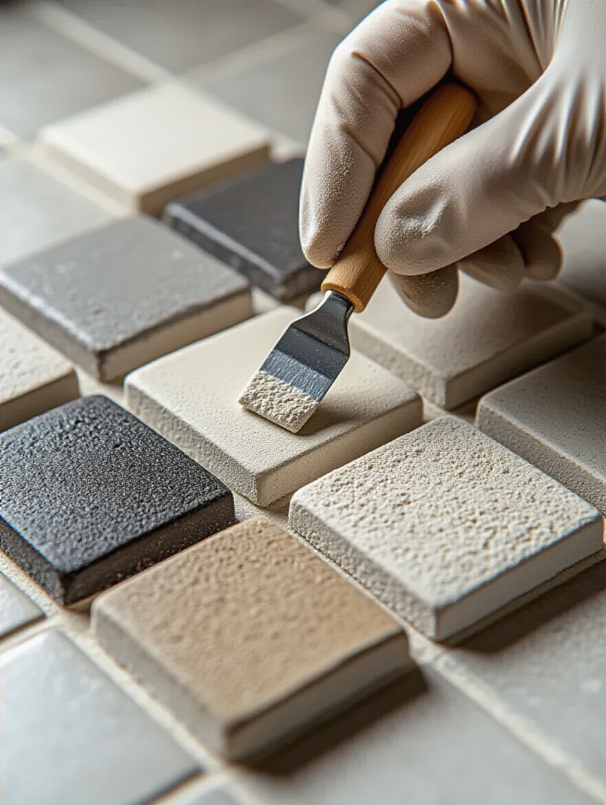 A professional close-up shot of a kitchen backsplash tile installation with multiple hardened grout color and type samples arranged against it. A hand is applying grout to show the selection process. The image focuses on different grout choices, illustrating how color and texture affect the final look and durability of the backsplash.