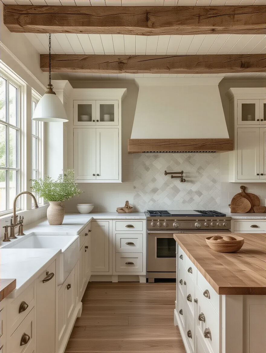 Vertical portrait view of a farmhouse kitchen remodel planning scene, no people