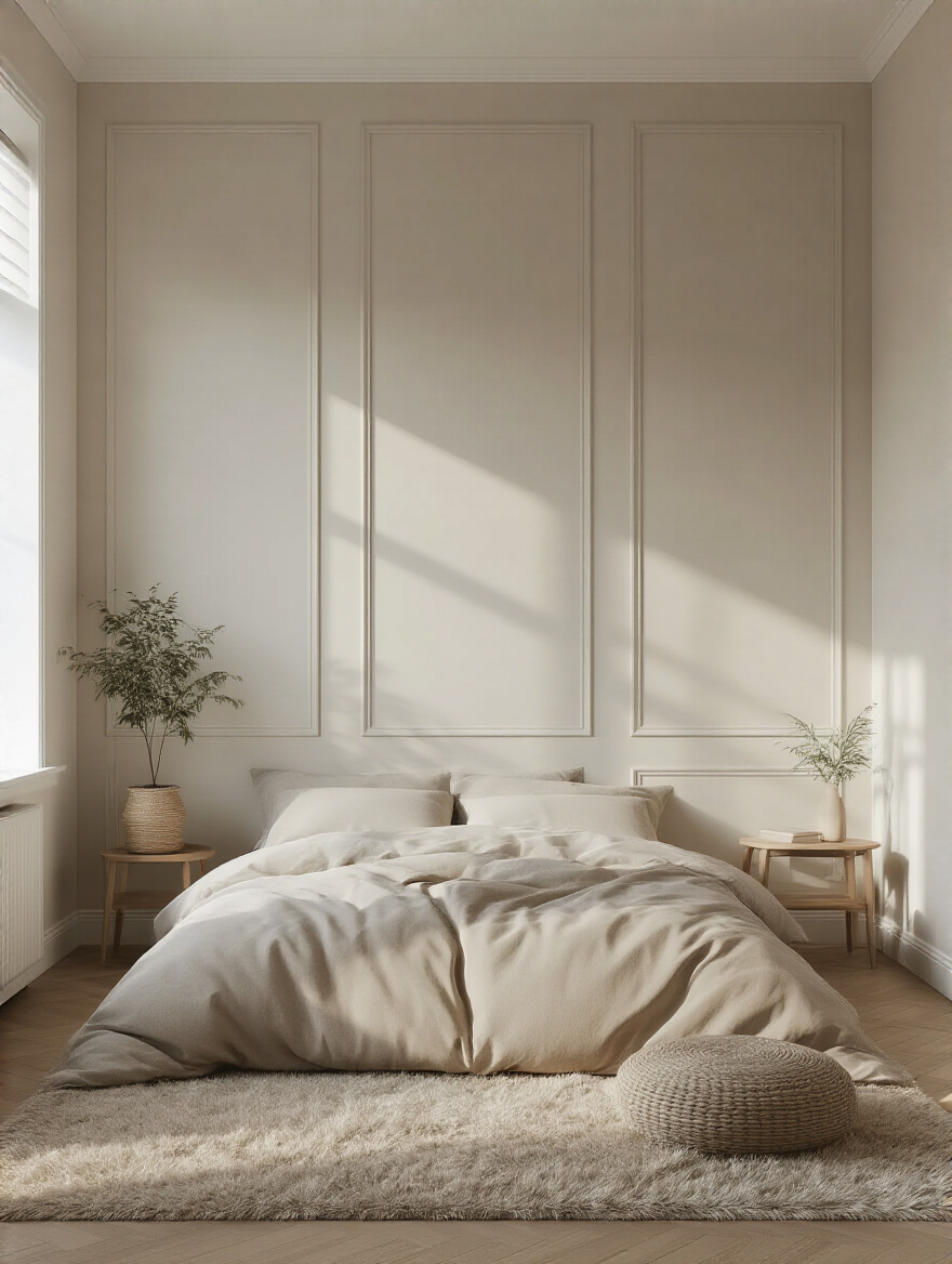 Portrait of a bedroom wall showing matte, eggshell, and satin finishes in soft daylight