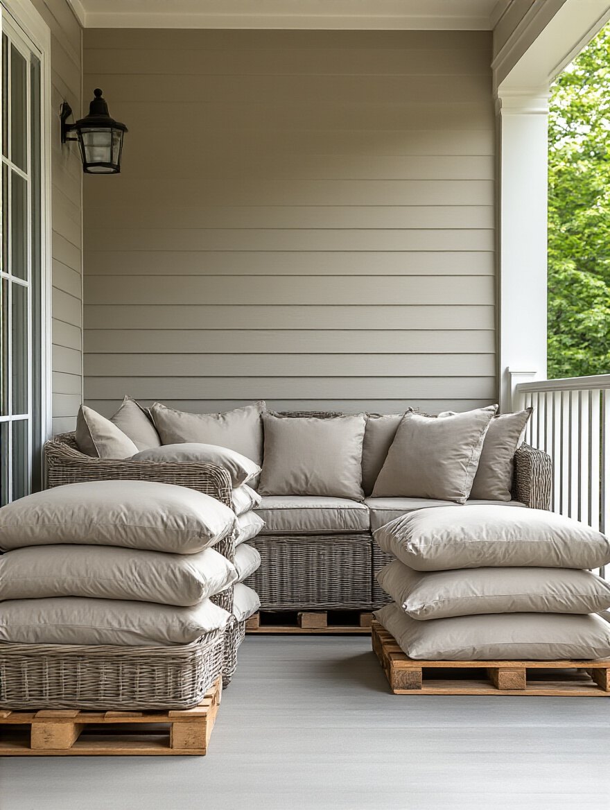 Well-organized porch furniture pieces, including chairs and a table, fully covered with breathable grey covers, elevated on wooden pallets in a clean, dry garage.