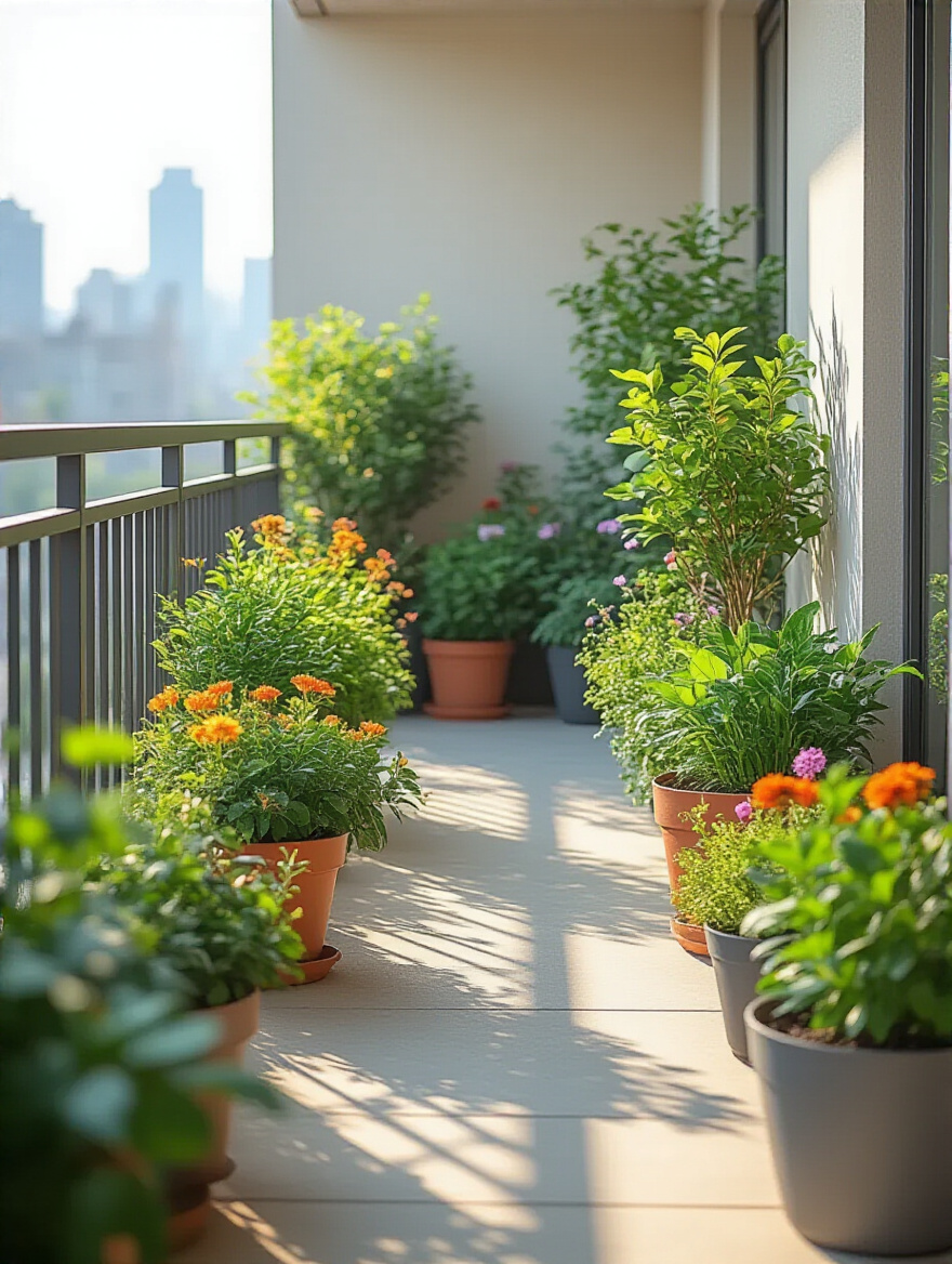 Balcony with lush potted plants under morning sunlight, showing clear divisions between bright sun and deep shadow, representing varying sunlight exposure for plant optimization.