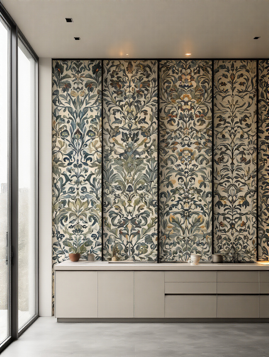 Portrait of a modern kitchen wall with three wallpaper panels showing straight, drop, and random pattern alignment