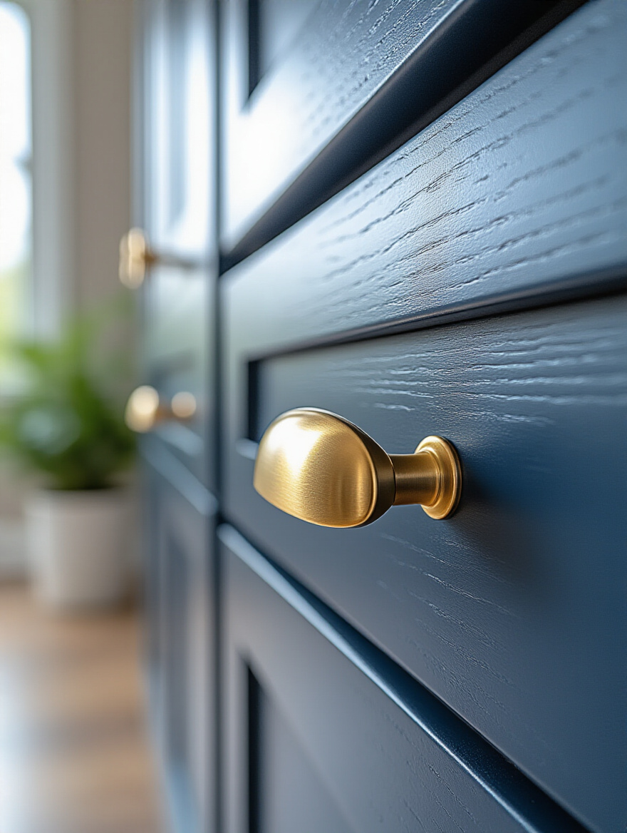 Close-up of modern brushed gold pull on a navy blue shaker kitchen cabinet.