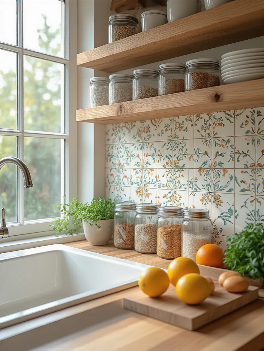 Portrait of a kitchen wall with a clear overlay protecting wallpaper behind the sink