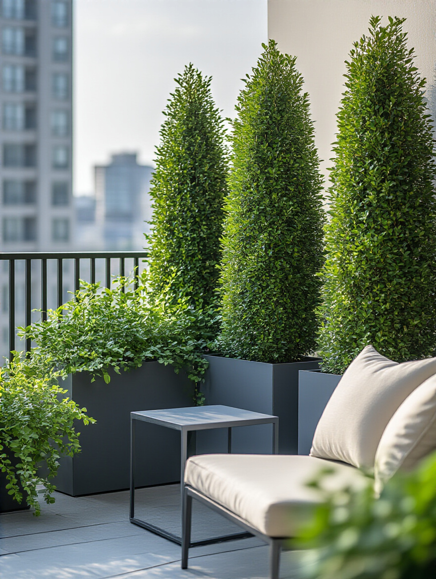 Balcony with tall columnar evergreen plants in rectangular planters creating a dense green privacy screen, urban apartment setting, soft afternoon light, cozy outdoor chair.