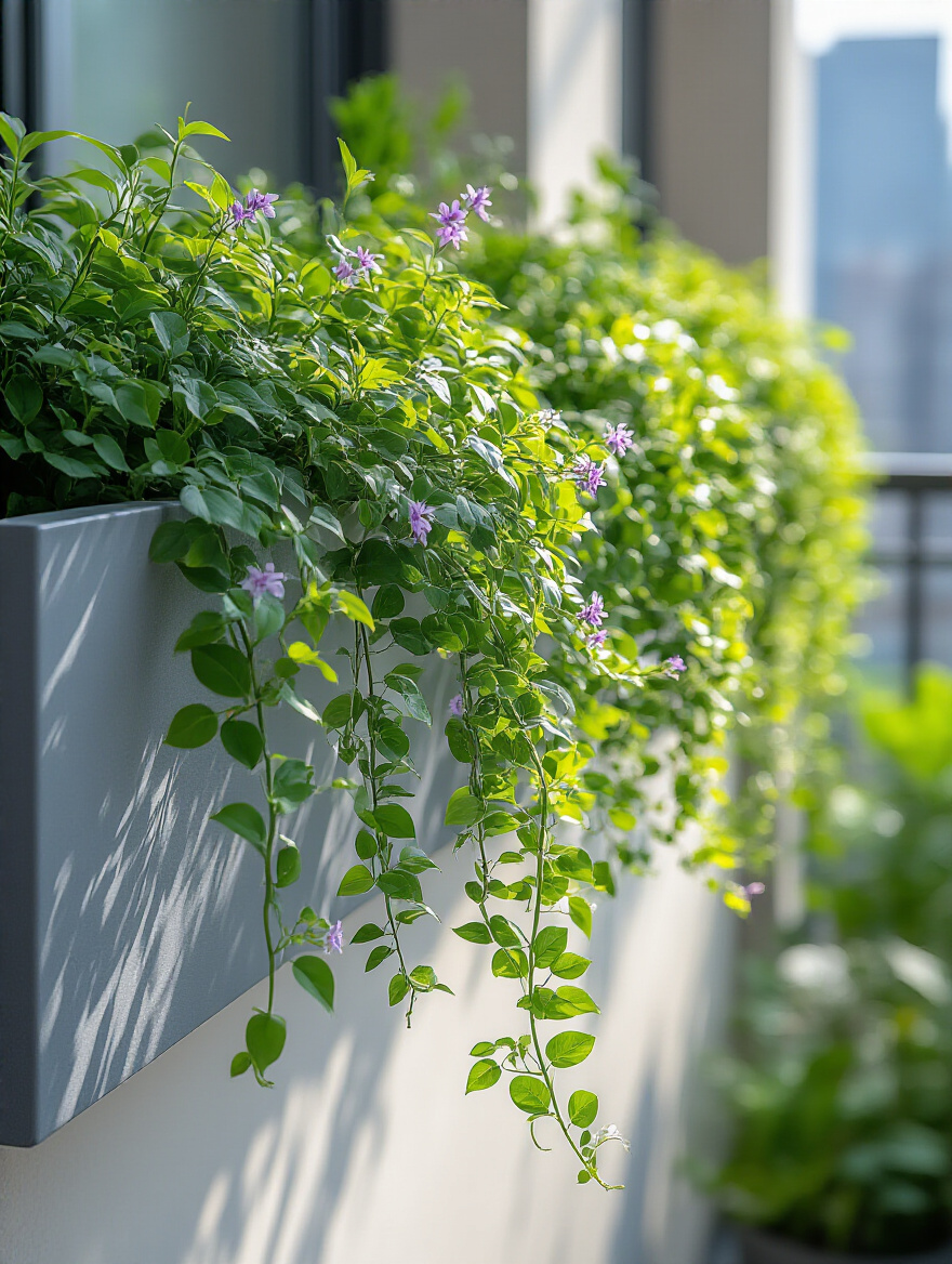 Lush green and flowering trailing plants cascading over a balcony planter, softening the edges and adding visual depth to the space.