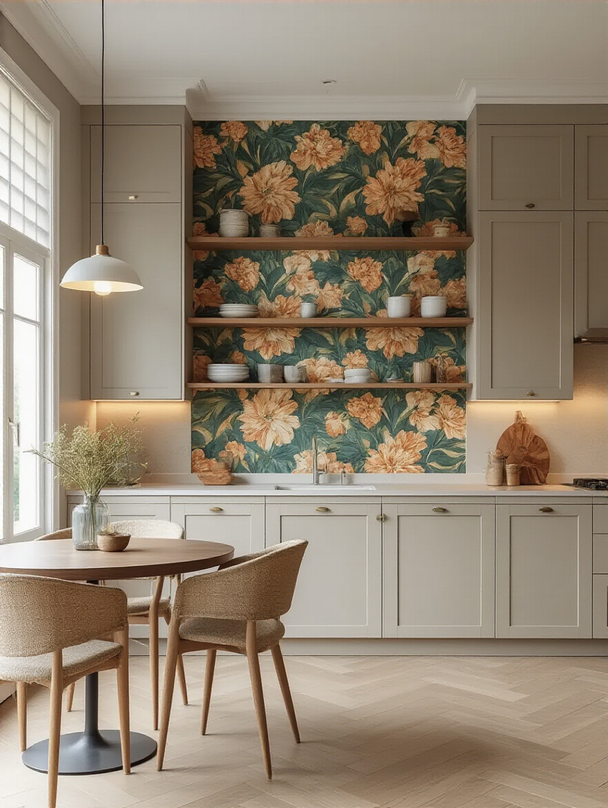 Portrait of a modern kitchen with a bold wallpaper accent wall