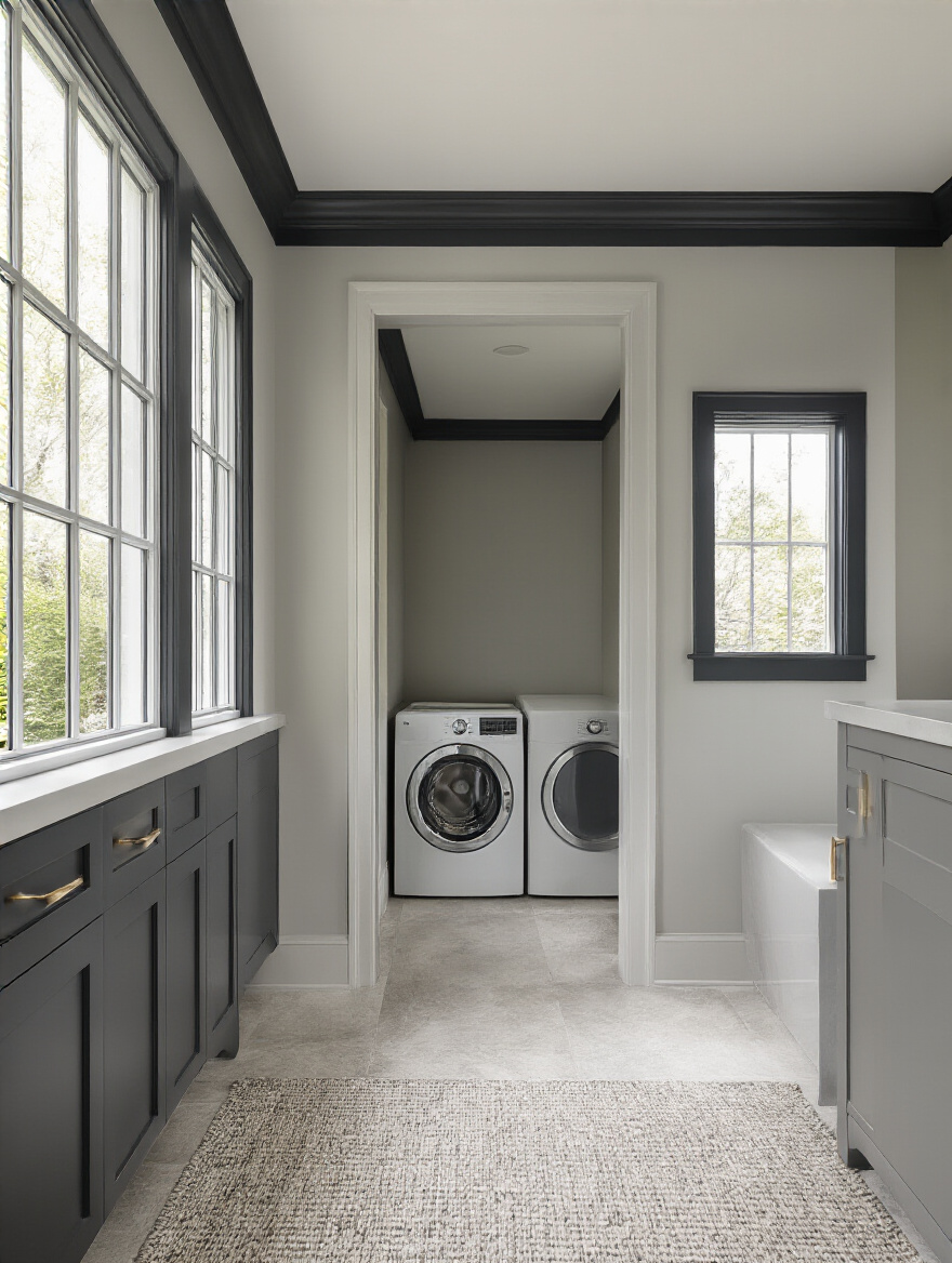 Portrait view of a laundry room with charcoal trim, light gray walls, and a white ceiling creating architectural contrast