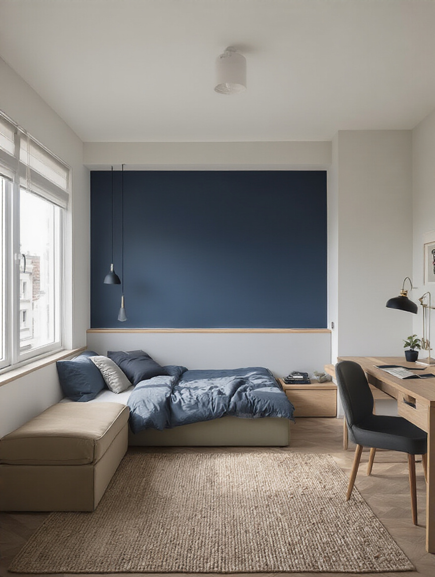 Vertical bedroom with color-blocked zones defined by paint (sleeping nook, reading area, workspace).