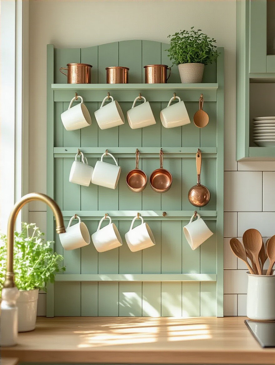 Cottage kitchen pegboard organization with white mugs, copper measuring cups, and wooden spoons on a light green wall.