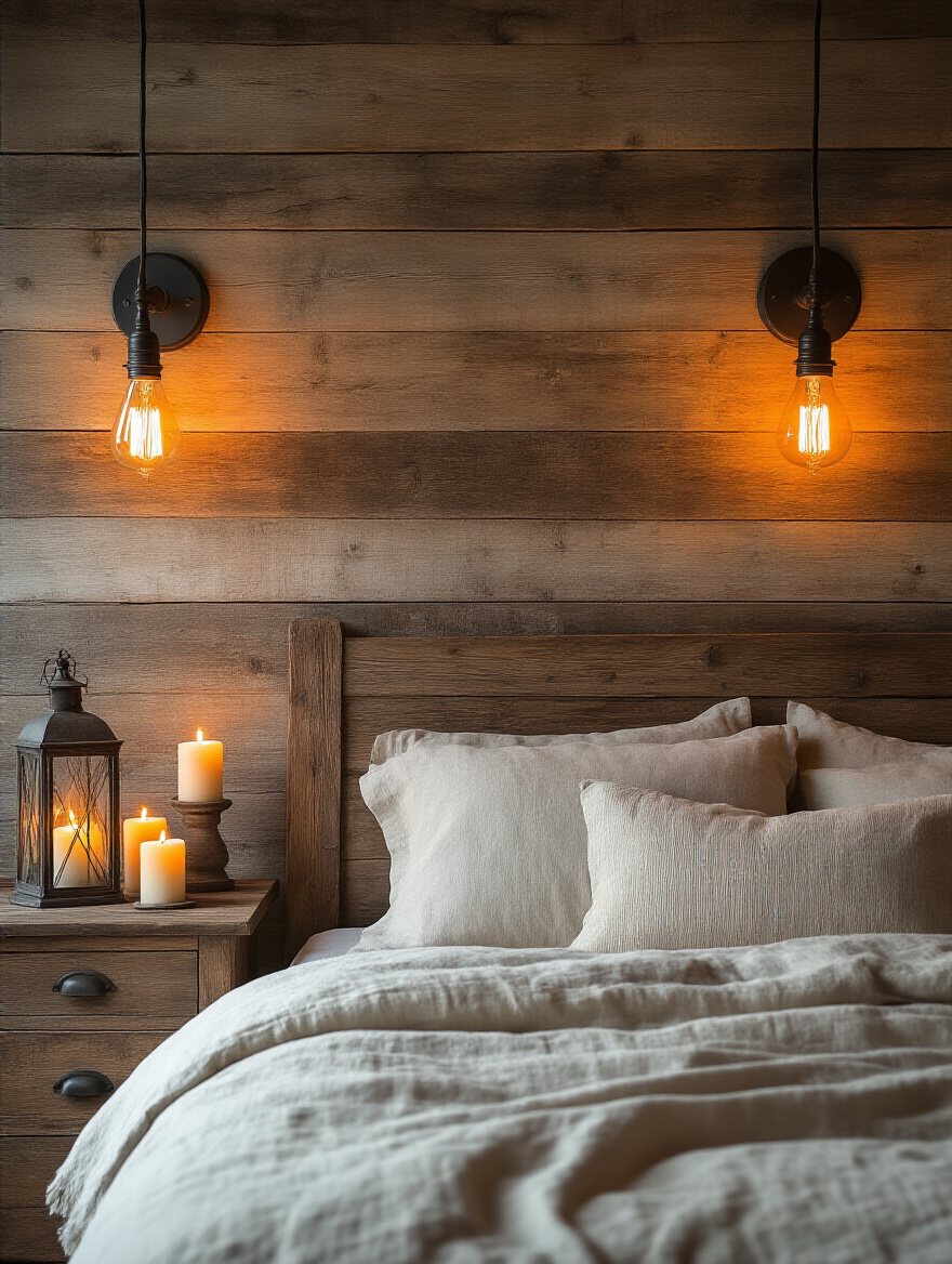 Rustic bedroom featuring soft glow lighting from Edison bulbs in sconces and flickering candles in metal lanterns on a wooden nightstand, creating a warm, cozy atmosphere.